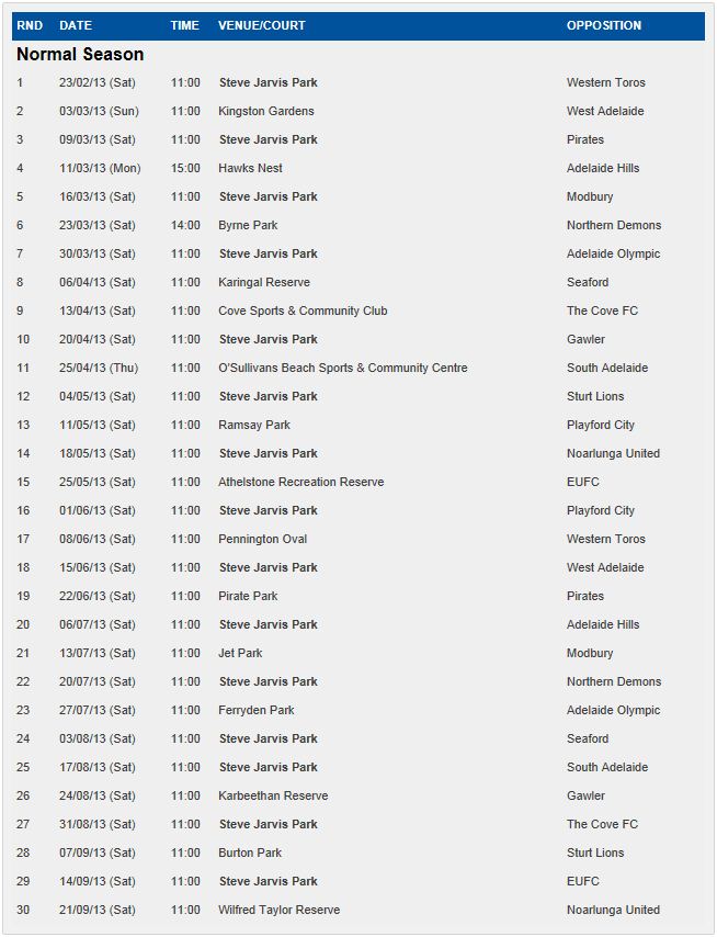 2013 SUFC U18 fixture